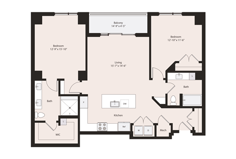 Deco B1-2 Floor Plan 2 Bedrooms 2 Bathrooms 684 square feet